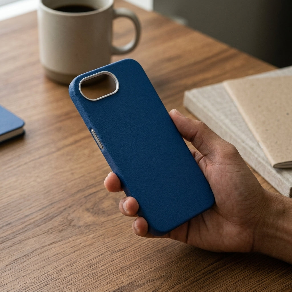 Carcasa tipo cuero azul iPhone 17e/16e