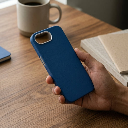 Carcasa tipo cuero azul iPhone 17e/16e